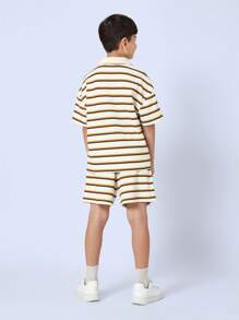 SUMWON Retro Stripe Terry Cloth Polo Short Set Summer Vacation Resort Wear Beach Co-Ord Athletic Tennis Leisure Preppy Outfit - Brown - View 2