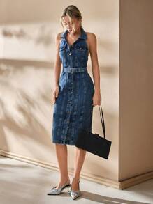 CLARA VERO DAMSKA SUKIENKA Z ROZCIĘCIEM Z PRZODU I ZAPIĘCIEM NA GUZIKI - Niebieski - Zobacz 6