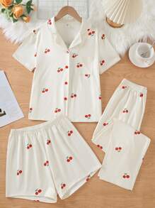 Tween Girls 3pcs Casual Loose Cherry Apricot Fruit Print Short Sleeve Tops, Shorts & Pants Soft Comfortable Pajama/Loungewear Set Back To School Fashion - Multicolor - View 1