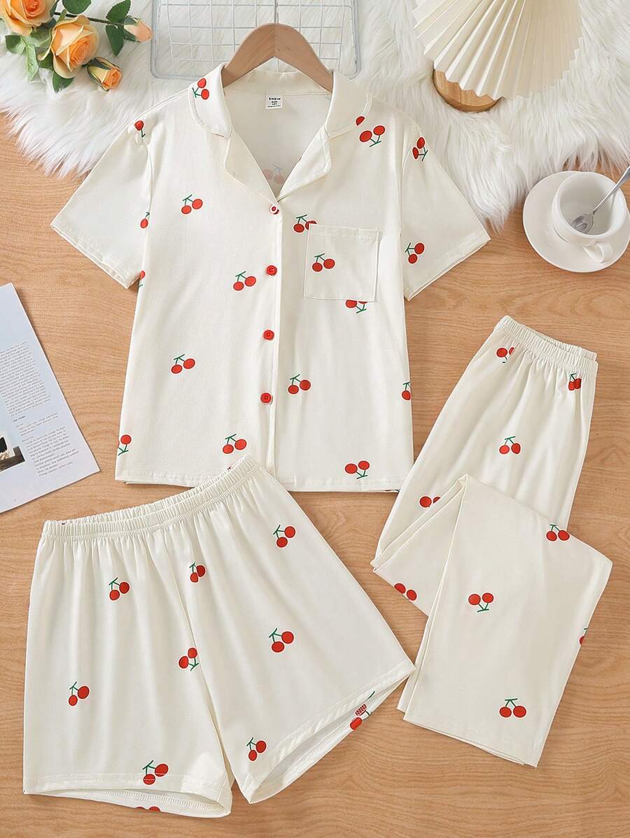 Tween Girls 3pcs Casual Loose Cherry Apricot Fruit Print Short Sleeve Tops, Shorts & Pants Soft Comfortable Pajama/Loungewear Set Back To School Fashion - Multicolor - View 1