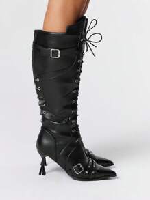 ROMWE Grunge Punk Women's Gothic Strap Lace-Up Chain Design Pointed Toe High Heel Mid-Calf Boots - Black - View 3