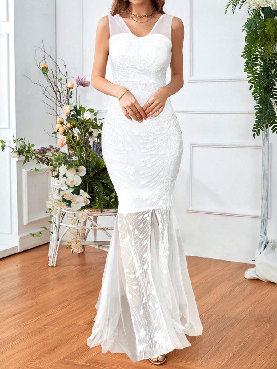 SHEIN Belle Váy dạ hội lưới sequin xẻ đùi tương phản, váy dạ hội trang trọng thanh lịch, dành cho khách dự tiệc cưới, tốt nghiệp, tiệc tối cho tiệc ngày lễ - trắng - Xem 1