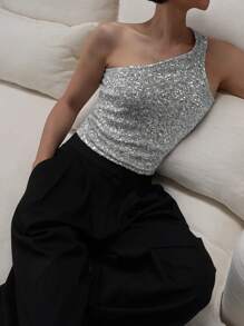 Strévra 女士不对称领亮片上衣，适合派对、聚会、外出、新年闪亮嘉年华等场合 - 銀色 - 查看 5