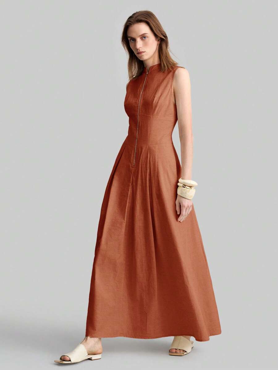 Ontre 2025 Nuovo Stile Autunnale Outfit da Vacanza al Mare Abbigliamento da Club Outfit da Insegnante Abbigliamento per Concerto di Musica Country Streetwear da Donna Abito Estivo Minimalista Colore Unito Cerniera Semi-Aperta Vita Stretta Abito Casual Business Casual Abito Casual da Donna Stile Old Money - Marrone ruggine - Visualizzare 1