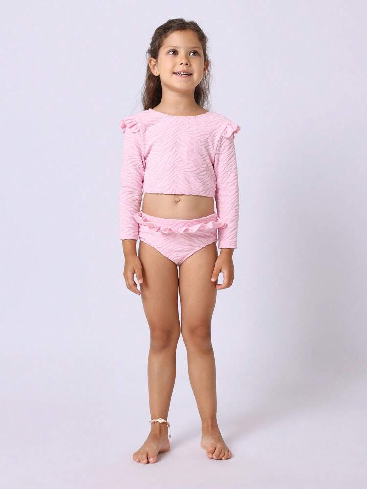 Textured Long Sleeve Ruffle Trim One-Piece