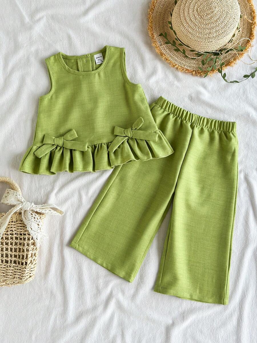 Vintaside Kids 2件套女婴休闲可爱蝴蝶结无袖上衣和裤子套装 - 綠色 - 查看 1