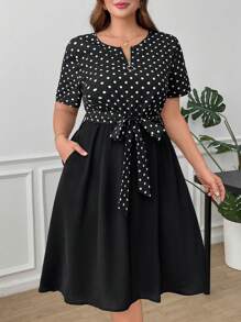 SHEIN Clasi Plus Size Women's Polka Dot Print Patchwork Zipper Casual Black And White Summer Elegant Everyday Dress,Solid Color Gown,Business Work Clothing - Black and White - View 4