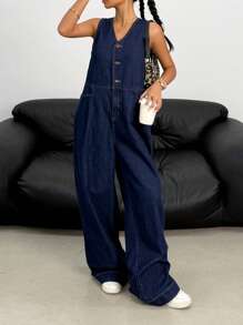 SHEIN Pantalones vaqueros anchos con lavado desteñido y cuello en V oversize para adolescentes, peto vaquero con bolsillos sesgados, pantalones cortos con estilo bohemio para verano y playa, conjuntos casuales para conciertos y festivales, conjuntos para usar en verano, brunch, iglesia, graduación y vuelta al colegio