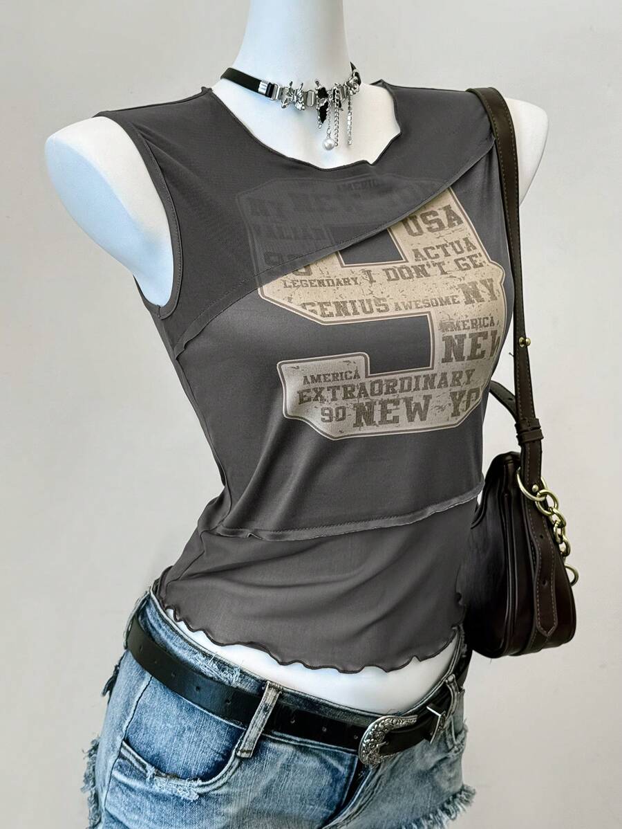 SHEIN EZwear 女士西部风网眼拼接印花针织吊带背心，夏季印花背心时尚女装，复古风背心，无袖印花T恤，无袖印花上衣，灰色上衣，个性女装，女士上衣，印花背心，女士印花背心，灰色叠层背心，个性女装，灰色印花背心 - 灰色 - 查看 1
