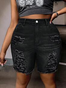 SHEIN SXY 大码女式做旧口袋磨边休闲牛仔短裤