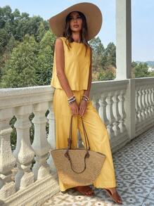 KARISMINA 2 件套女士纯色梭织修身背心和高腰宽松直筒裤套装春季女士热带度假服装亚麻 - 黃色 - 查看 5