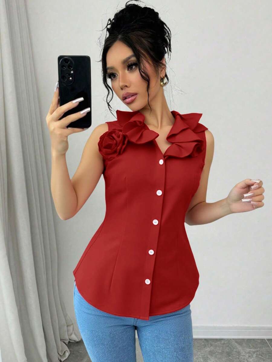 SHEIN Clasi Blusa sin mangas de unicolor con botones frontales y cuello de encaje, para el verano