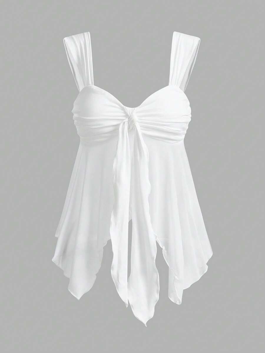 SHEIN ICON Women Solid Color Simple Asymmetrical Hem Mesh Panel Camisole - White - View 1