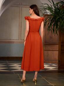 ZEYLAH Women Linen Midi Dresses - Orange - View 3