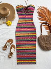 Soleia Women's Striped Pleated Front Tie Dress Beach Vacation Outfits Spring Summer Outfits For Women - Multicolor - View 5