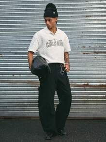 AXEPEAK 男式字母图案针织 Polo 衫，常春藤风格，返校季，街头风版 - 白色 - 查看 5