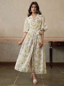 Anewsta Đầm nữ tay ngắn họa tiết hoa trơn màu thanh lịch - Màu be - Xem 4