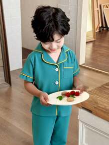 2pcs Boys' Pajama Set, Lake Blue And Yellow Color Block Simple Lapel Short Sleeve Shirt And Long Pants, Woven Fabric - Blue - View 3