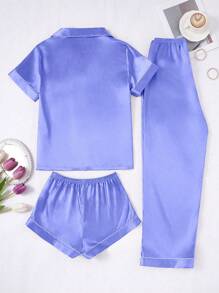 3 PiecesWomen's Contrast Trim Solid Color Faux Silk Pajama Set - Dusty Blue - View 2