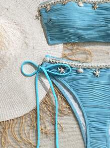 Swim Vcay 2件套纹理纯色贝壳丝带装饰吊带比基尼套装 - 藍色 - 查看 5