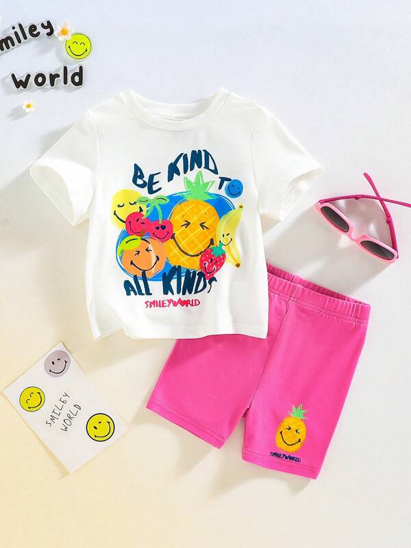 SmileyWorld® | SHEIN 2pcs Baby Girl Cartoon Fruit Smile Pineapple Cherry Pattern White Cute Casual Short Sleeve T-Shirt And Fitted Pink Shorts Set