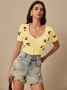 Poéselle Damen Lässig Kirschblüten Muster Cardigan mit Muschelabteilung, kurzärmlig, Sommer