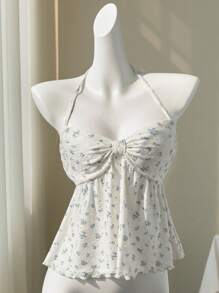 Elamini Yellow Delicate Ditsy Floral Hollow V-Neck Sexy Backless Sleeveless Crop Top, Spring/Summer
