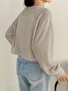 Dazy Plus Plus Size V-Neck Solid Color Cropped Tie Front Long Sleeve T-Shirt, Spring/Summer,Fall Clothes