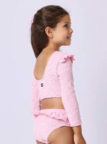 SUMWON Summer Beach Two-Piece Textured Long Sleeve Girls Swimming Suit With Ruffle Trim For Pool Beach Vacation Travel Swimming Lessons Dance