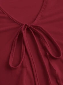 SHEIN ICON ICON 加大码女款黑色系带蝴蝶结针织透视派对上衣，适合万圣节 - 酒紅色 - 查看 3