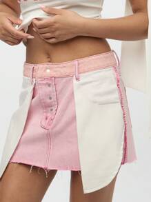 SUMWON WOMEN 内外重组拼接不对称纽扣前高腰迷你裙节日夏季春季做旧磨损原始下摆 - 粉色 - 查看 1