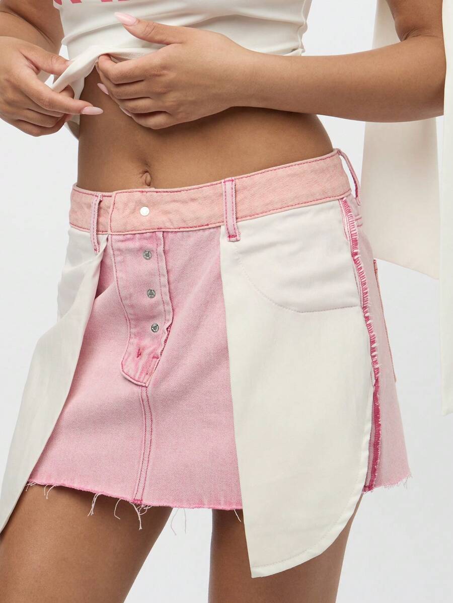 SUMWON WOMEN 内外重组拼接不对称纽扣前高腰迷你裙节日夏季春季做旧磨损原始下摆 - 粉色 - 查看 1