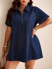 Elaquor Plus Size Casual Mini Denim Dress For Vacation,Business Casual Woman - Dark Wash - View 5