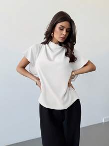 Firerie 女士优雅简约荷叶边领宽松短袖衬衫，适合通勤、度假，百搭粉色，夏季休闲装 - 白色 - 查看 5