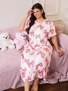 SweetSlumber Cute Bow Floral Print Ruffle Hem Casual Plus Size Nightgown Babydoll PerfectSummer