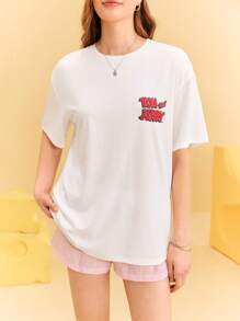 TOM & JERRY X SHEIN Women's Couple Y2K Street White Cute Jerry Cartoon Pattern Crew Neck Short Sleeve T-Shirt, Summer