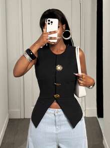 BamGleam Women Sleeveless Cotton Linen Vest Blazer - Black - View 1
