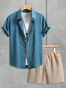 Manfinity RSRT Men's Casual Holiday Button-Up Shirt & Shorts Set Men's Summer Shirts Summer Shirts For Men Shirts For Men Summer Summer Men Shirts Casual Shirts For Men - Teal Blue - View 3