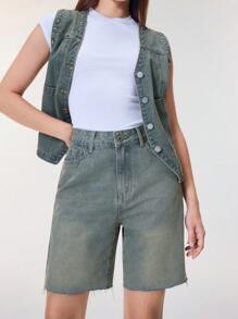 SHEIN Essnce 女式休闲磨边直筒牛仔短裤