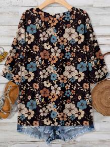 EMERY ROSE Plus Size Versatile Ditsy Floral Round Neck Chest Pocket T-Shirt, Casual & Simple, Suitable For Summer,Flower/Vacation/Spring - Multicolor - View 2