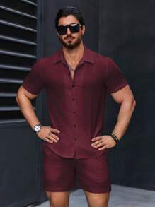 Manfinity Homme 2pcs/Set Men's Solid Color Short Sleeve Single-Breasted Shirt And Shorts Casual Outfit - Rusty Rose - View 3