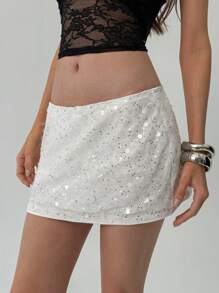 Aloruh Mini-jupe moulante pour soirée basse taille femme en maille pailletée et brillante - Blanc - Voir 7