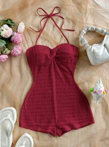 Soleia Mono ajustado con escote de halter anudado y estampado de jacquard rojo para vacaciones