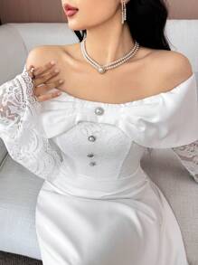 Feyla 女式露肩拼接蕾丝喇叭袖连衣裙，优雅夏日 - 白色 - 查看 4