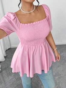 Elenzga Áo cánh nhún bèo thời trang cỡ lớn cho nữ, cổ vuông, dễ thương và đa năng, áo bó thường ngày - trắng - Xem 6