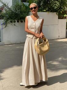 DAZY Women Two Pieces Outfits For Daily Wear Linen - Apricot - View 1