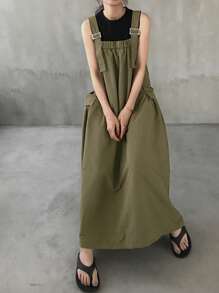 FRIFUL 女式简约休闲宽松长吊带连衣裙，春夏 - 綠色 - 查看 4