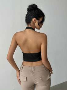 Zyxie Women's Solid Color Slit Hem Front Tie Halter Sexy Tank Top, Summer - Black - View 2