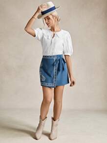 Wildy 女士白色娃娃衫，西部风格可爱上衣，适合办公室穿着，系带短袖衬衫，夏季款 - 白色 - 查看 5