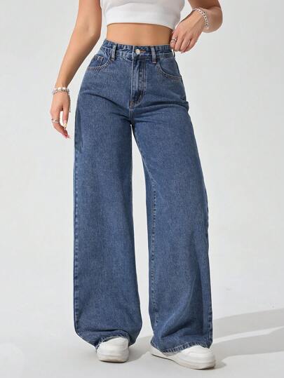 SHEIN ICON Jeans rectos de talle alto de estilo vintage de color azul medio lavado para mujer de talla grande